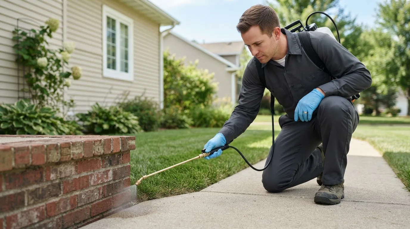 Pest control technician treating a home near Lineville, IA