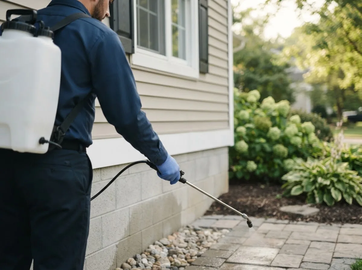 Pest control technician inspecting a home in Lineville, IA